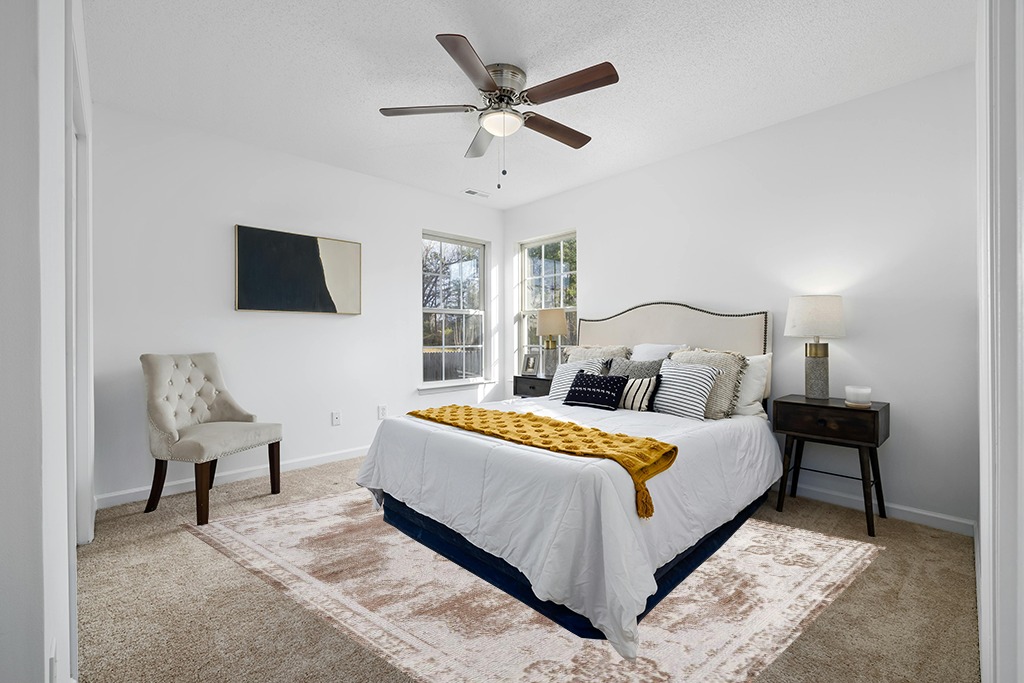 Rug on carpet bedroom ideas in White and Yellow Modern Bedroom