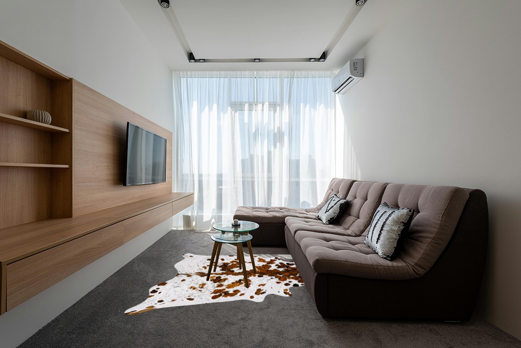 pergamino Ecowhides 100% Genuine Brazilian Cowhide Rug - Tricolor White - Luxury Cowskin Cow Hide Leather Area Rug Home Decor (X-Large) 7 x 6 ft in Grey Living Room with Brown Couch