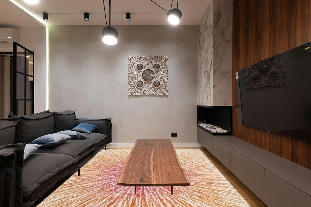 SAFAVIEH Evoke Collection 8' x 10' Fuchsia/Cream EVK228R Abstract Burst Non-Shedding Living Room Bedroom Dining Home Office Area Rug in Dark Wood Living Room with Black Couch