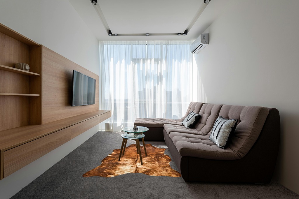 Faux fur rug ideas in Grey Living Room with Brown Couch