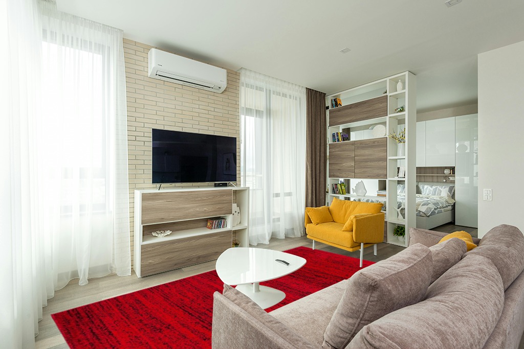 SAFAVIEH Adirondack Collection Area Rug - 8' x 10', Red & Black, Modern Abstract Design, Non-Shedding & Easy Care, Ideal for High Traffic Areas in Living Room, Bedroom (ADR117F) in Light Modern Living Room with TV