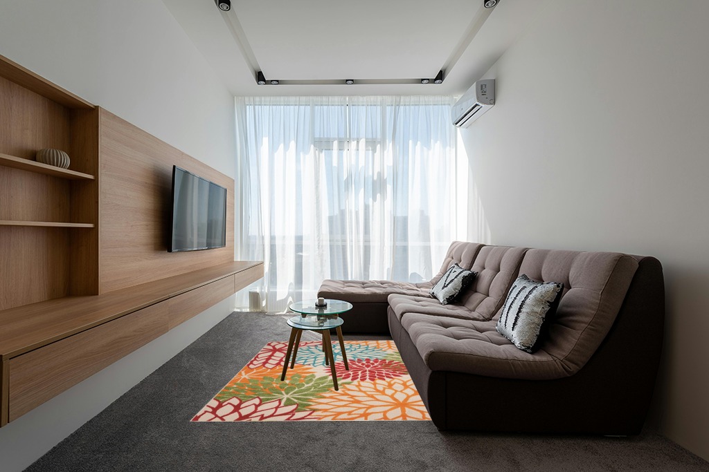 Green rug ideas in Grey Living Room with Brown Couch