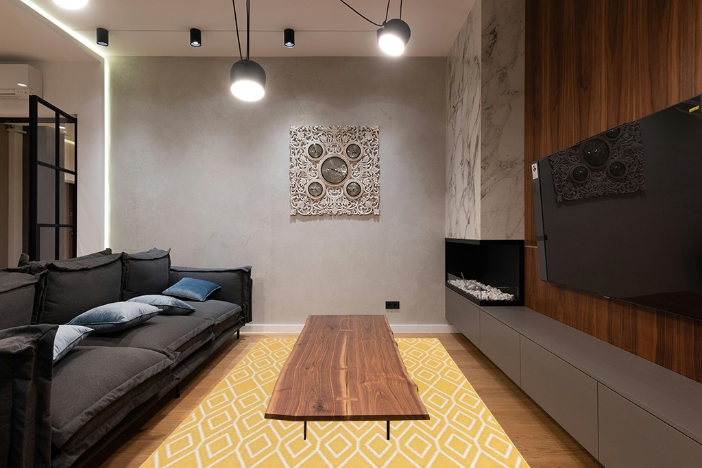 Yellow rug ideas in Dark Wood Living Room with Black Couch