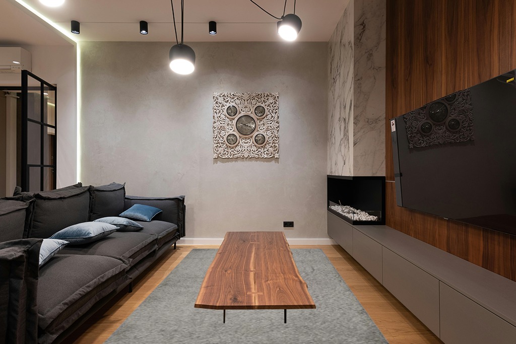 SAFAVIEH Venice Shag Collection Area Rug - 6' x 9', Silver, Handmade Glam, 3-inch Thick Ideal for High Traffic Areas in Living Room, Bedroom (SG256S) in Dark Wood Living Room with Black Couch