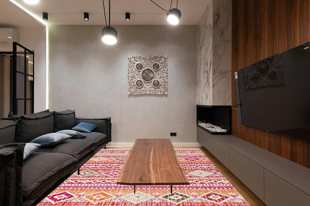 SAFAVIEH Montage Collection 8' x 10' Red / Fuchsia MTG271Q Boho Indoor/ Outdoor Non-Shedding Easy scrubbing Patio Backyard Porch Deck Mudroom Area-Rug in Dark Wood Living Room with Black Couch