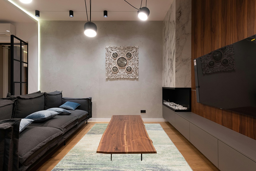Modern living room rug ideas in Dark Wood Living Room with Black Couch