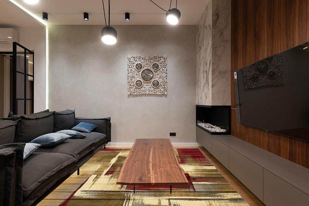 Unique Loom Barista Collection Area Rug - Timor (7' 10" x 10' Rectangle, Multi/ Red) in Dark Wood Living Room with Black Couch