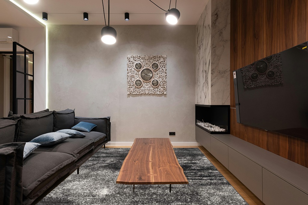 Dark grey couch rug ideas in Dark Wood Living Room with Black Couch