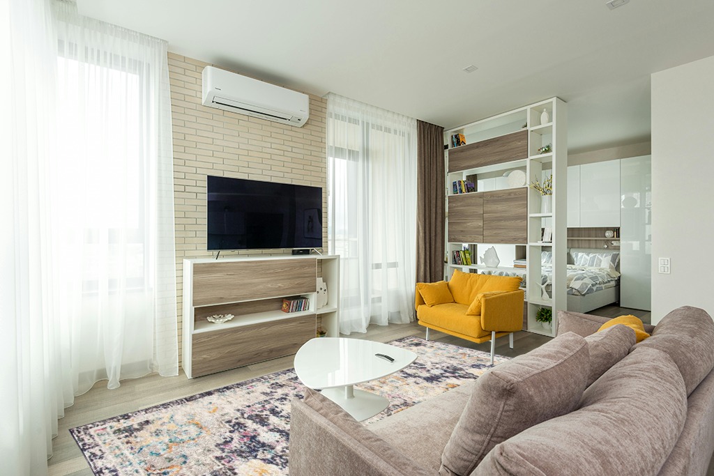 Cute rug ideas in Light Modern Living Room with TV