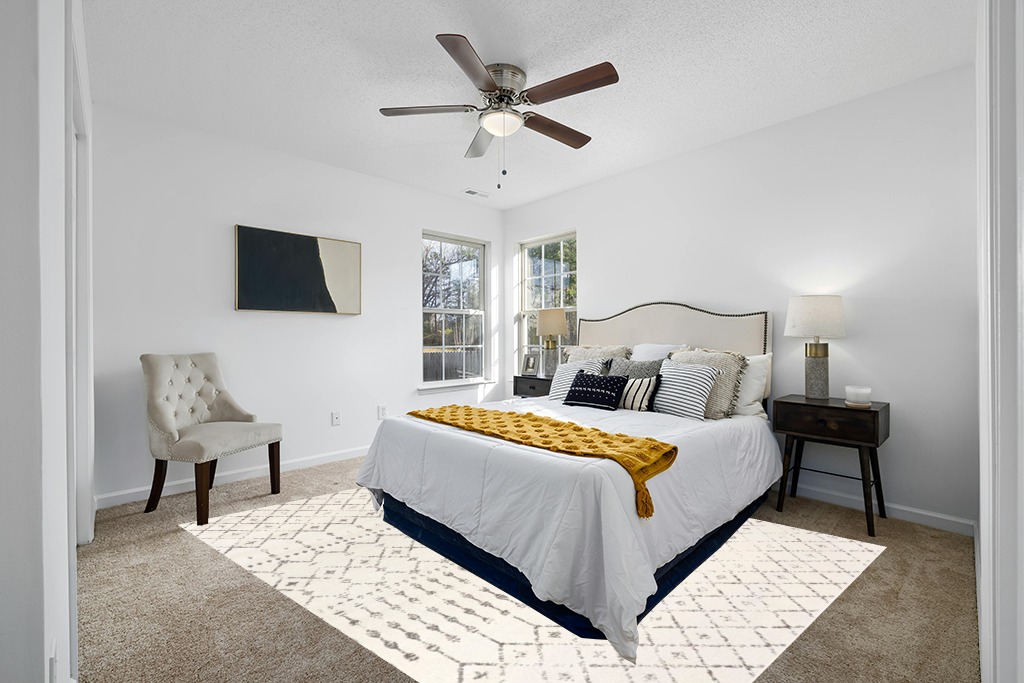 Rug on carpet bedroom ideas in White and Yellow Modern Bedroom
