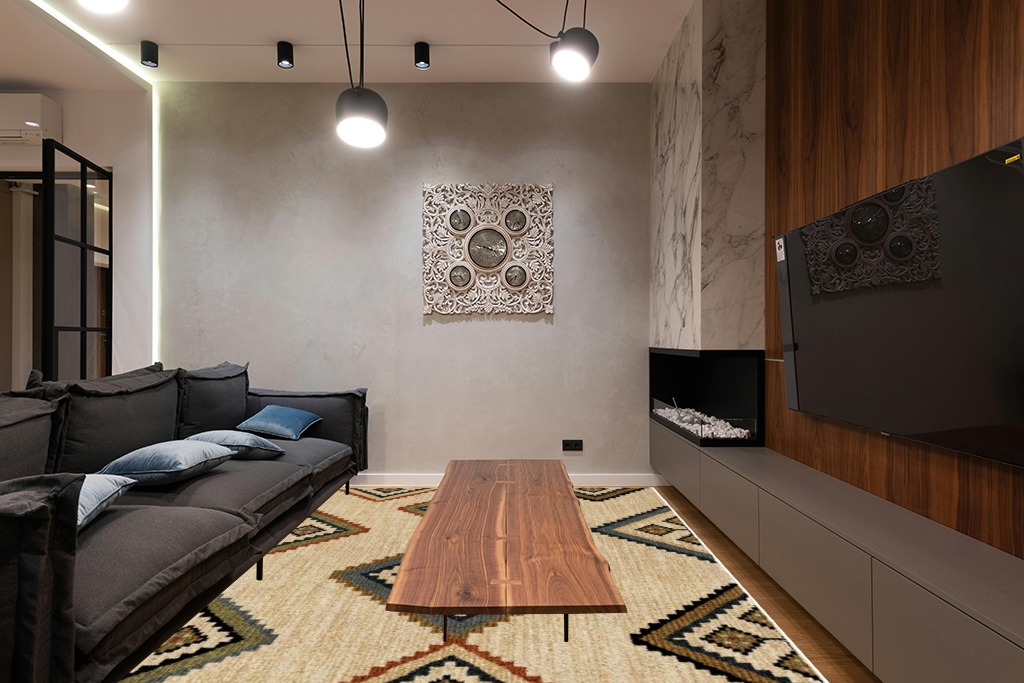 Orian Rugs Next Generation Carsitas Area Rug, 7'10" x 10'10", Off-White in Dark Wood Living Room with Black Couch