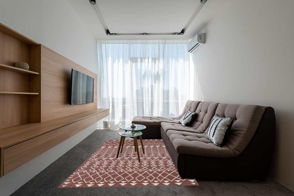 Totti Loops Terracotta/Cream 6 Feet x 9 Feet Southwestern Rug in Grey Living Room with Brown Couch