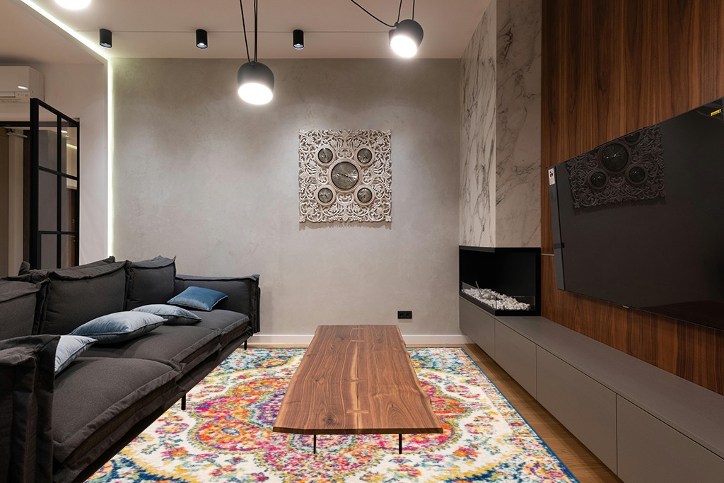 Orange rug living room ideas in Dark Wood Living Room with Black Couch