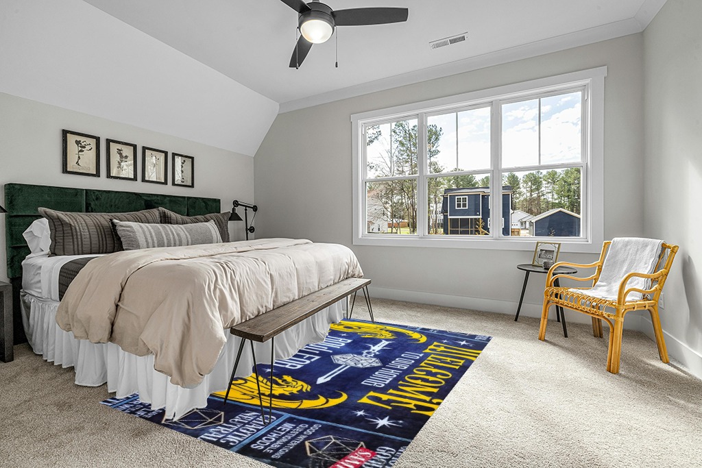 Yellow rug ideas in Grey Traditional Bedroom with King Bed