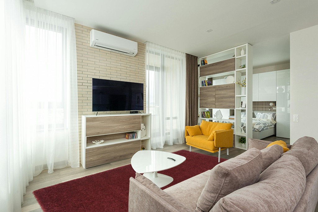 SAFAVIEH August Shag Collection Area Rug - 8' x 10', Burgundy, Solid Design, Non-Shedding & Easy Care, 1.2-inch Thick Ideal for High Traffic Areas in Living Room, Bedroom (AUG900S) in Light Modern Living Room with TV