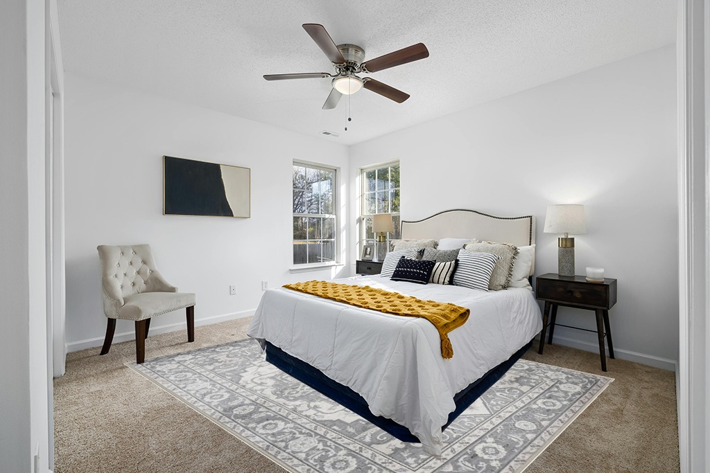 Grey room rug ideas in White and Yellow Modern Bedroom