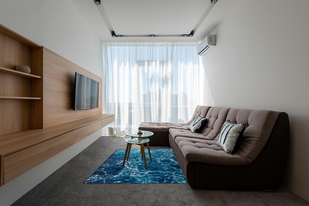 9CH Ocean Beach Area Rug 5'x7', Blue Sea Waves Polyester Area Rug Non-Slip Carpet Mat for Living Dining Dorm Room Bedroom Home Decorative in Grey Living Room with Brown Couch