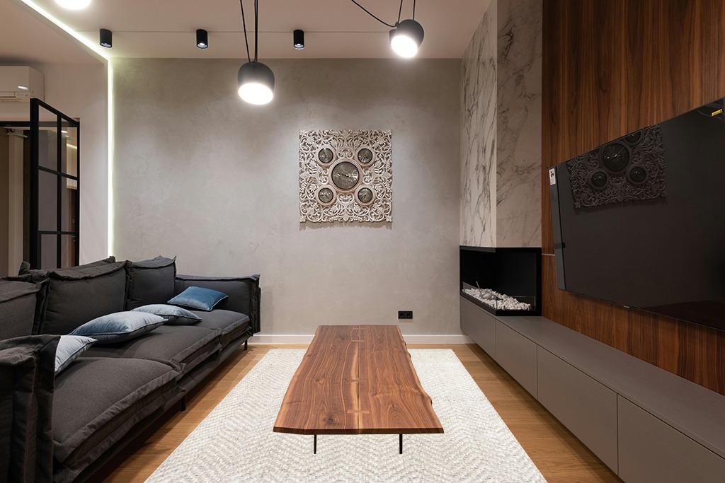 Jute rug living room ideas in Dark Wood Living Room with Black Couch