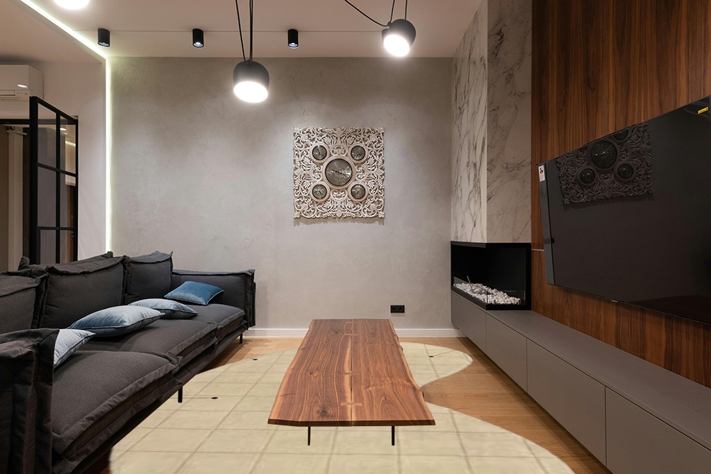 JONATHAN Y GST104A-8 Bean Modern Plaid Grid Handwoven Wool Area Rug, Casual, Geometric, Minimalist for Bedroom, Kitchen, Living Room, Easy-Cleaning, Beige/Light Brown, 8 ft. x 10 ft. in Dark Wood Living Room with Black Couch