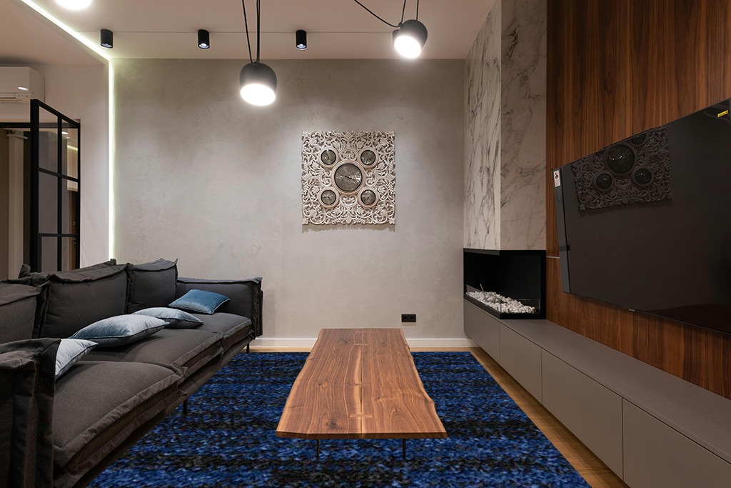 Nourison Essentials Indoor/Outdoor Midnight Blue 8' x 10' Area Rug, Easy Cleaning, Non Shedding, Bed Room, Living Room, Dining Room, Backyard, Deck, Patio (8x10) in Dark Wood Living Room with Black Couch