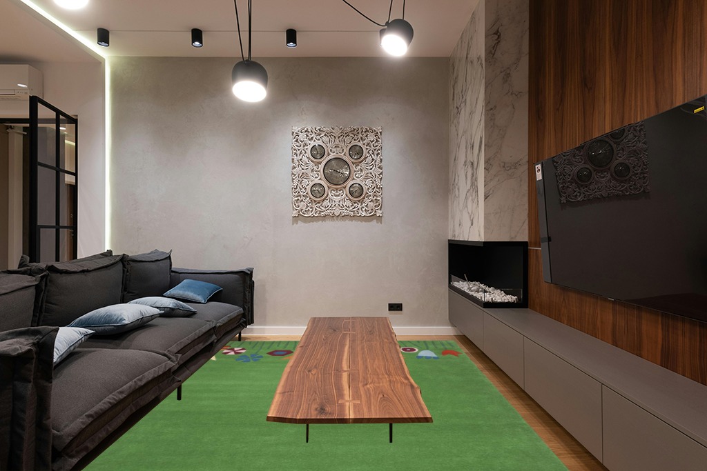 Green rug ideas in Dark Wood Living Room with Black Couch