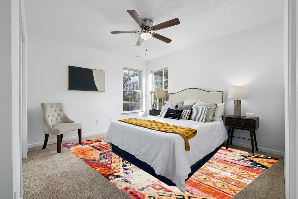 Large rug ideas in White and Yellow Modern Bedroom