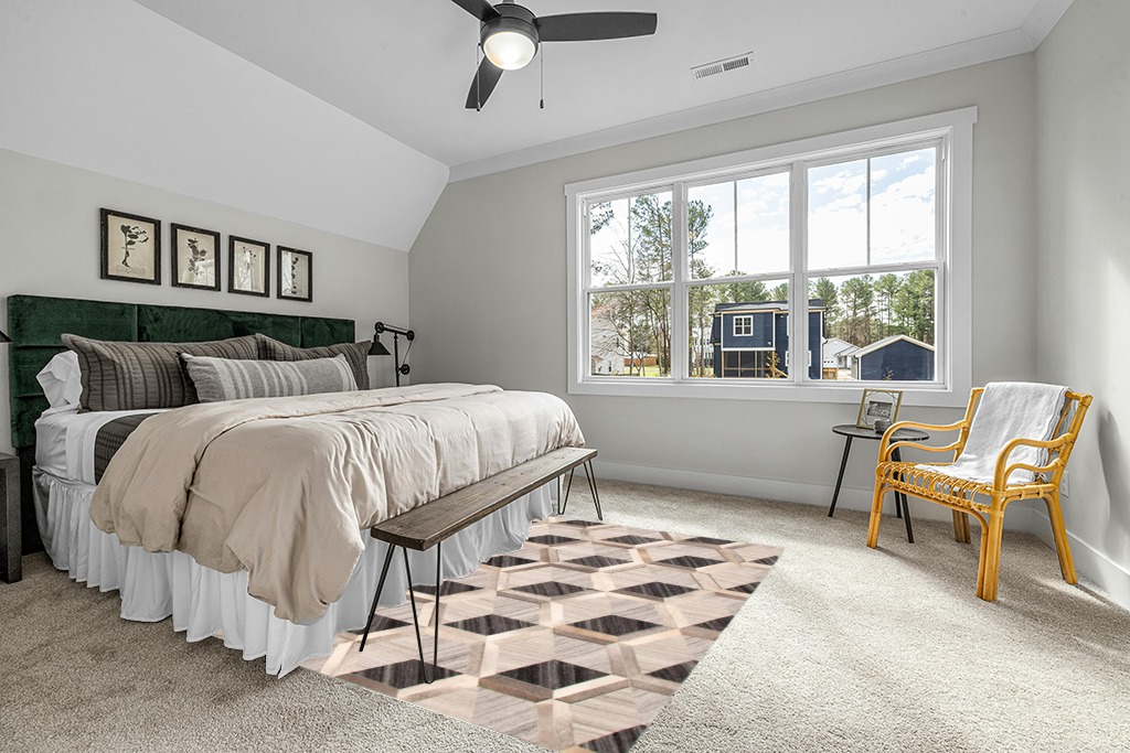 Cowhide rug in bedroom ideas in Grey Traditional Bedroom with King Bed