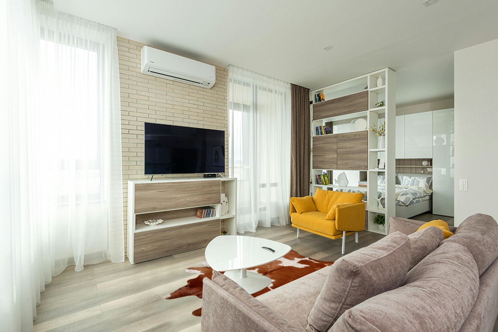 Cowhide rug decor ideas in Light Modern Living Room with TV