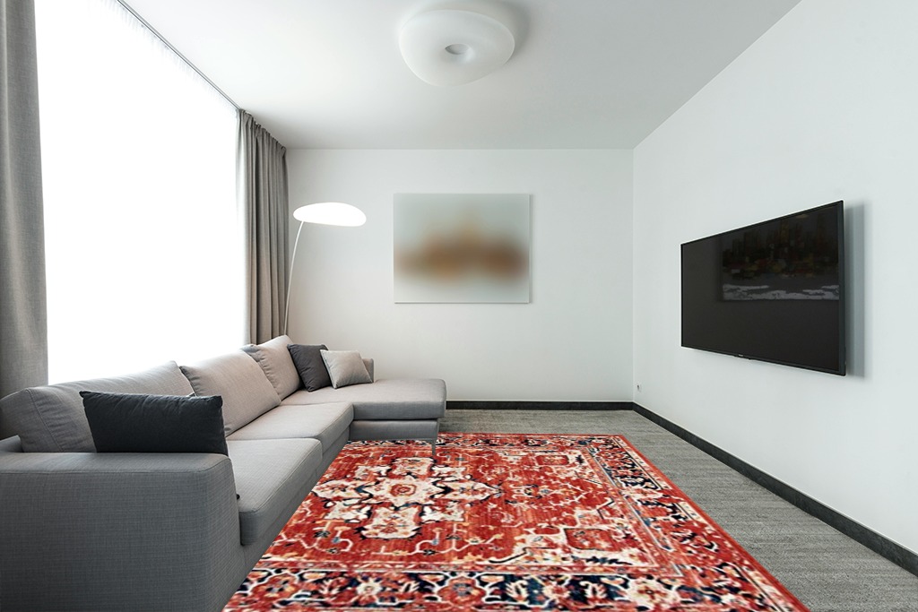 Rug over carpet ideas in Modern Living Room with Grey Couch