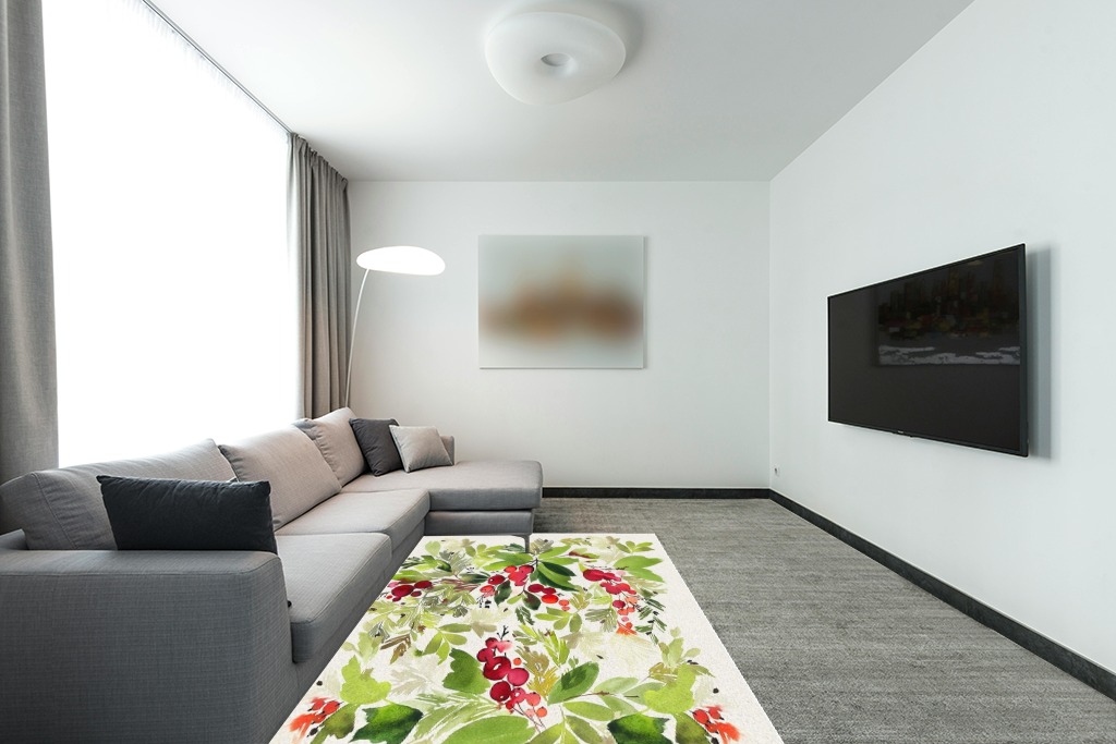 Rug over carpet ideas in Modern Living Room with Grey Couch