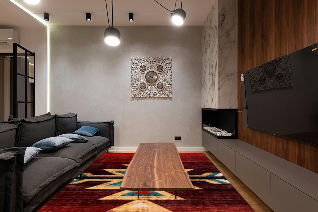 LIVEBOX Washable Western Rug 8x10 - Christmas Aztec Living Room Rug Thin Red Rugs for Bedroom, Large Farmhouse Rug Carpet Southwest Rug for Dining Room Office, Red in Dark Wood Living Room with Black Couch