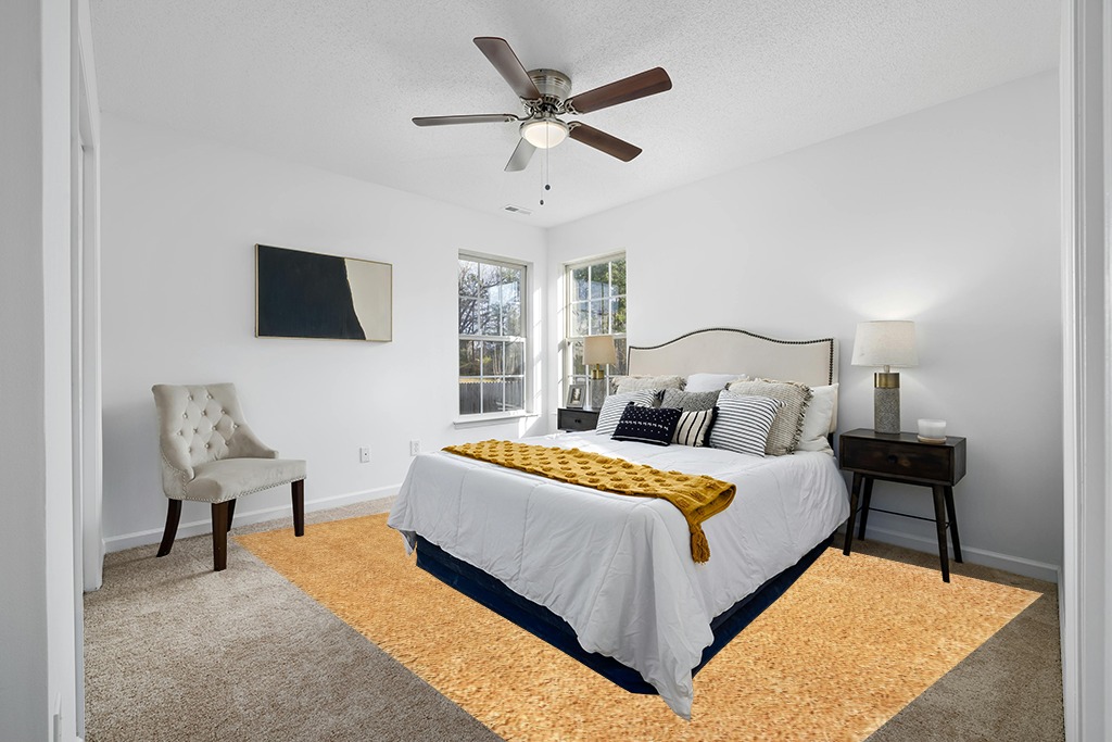 Rug over carpet ideas in White and Yellow Modern Bedroom