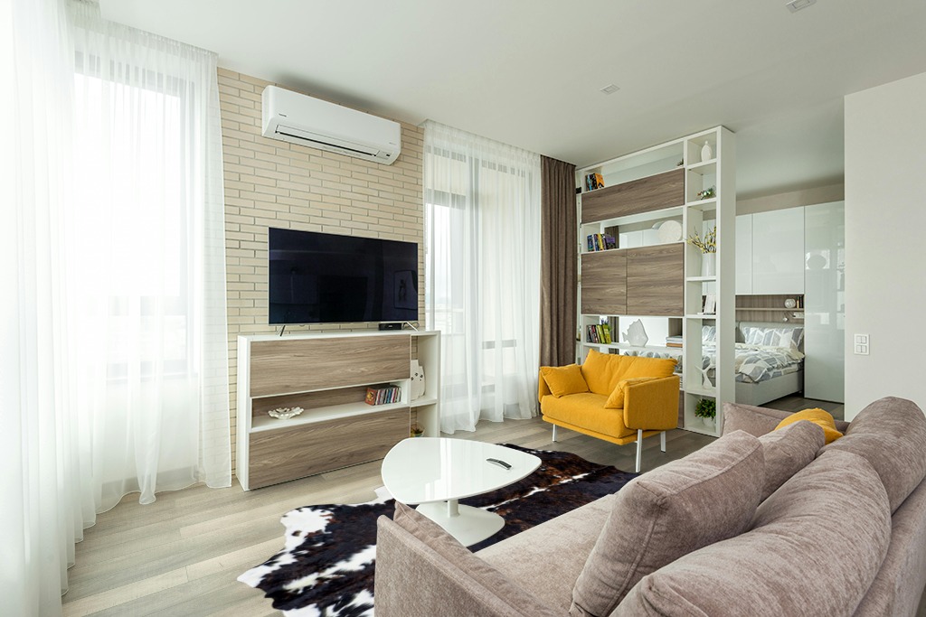 Cowhide rug living room ideas in Light Modern Living Room with TV