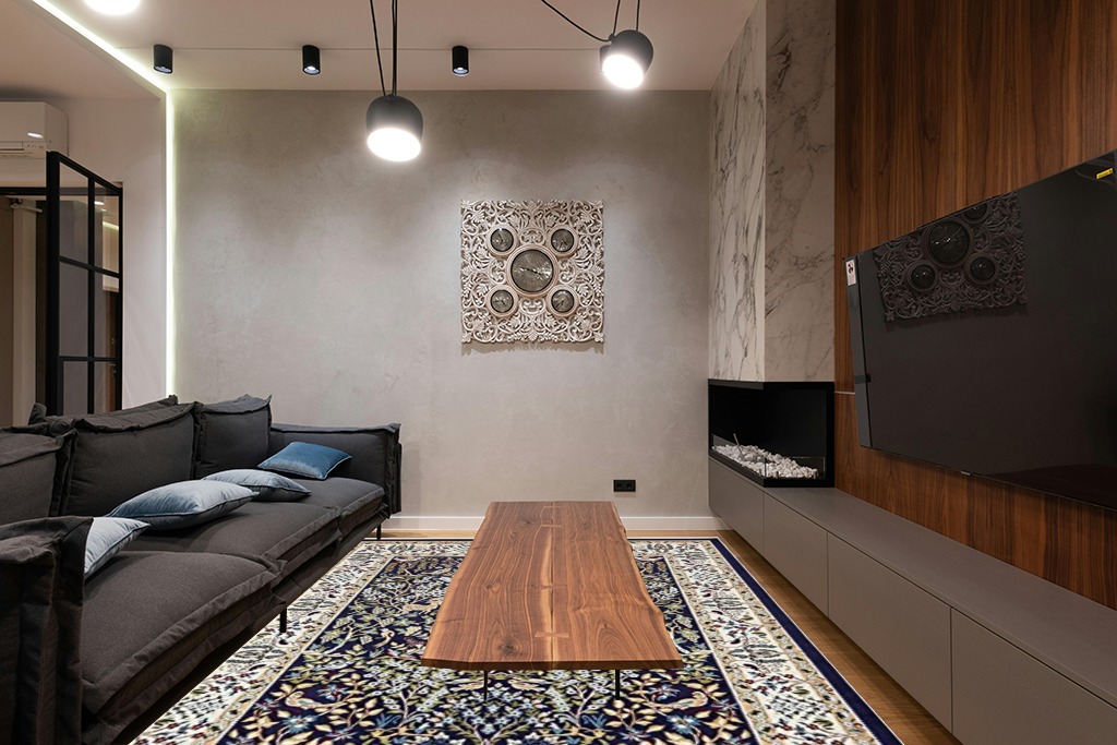 Unique Loom Narenj Collection Area Rug - Bristol (7' 10" x 10' Rectangle, Navy Blue/ Beige) in Dark Wood Living Room with Black Couch
