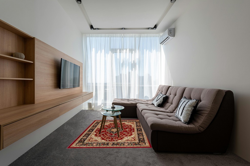 Well Woven Barclay Medallion Kashan Red Traditional Area Rug (5'3" x 7'3") in Grey Living Room with Brown Couch