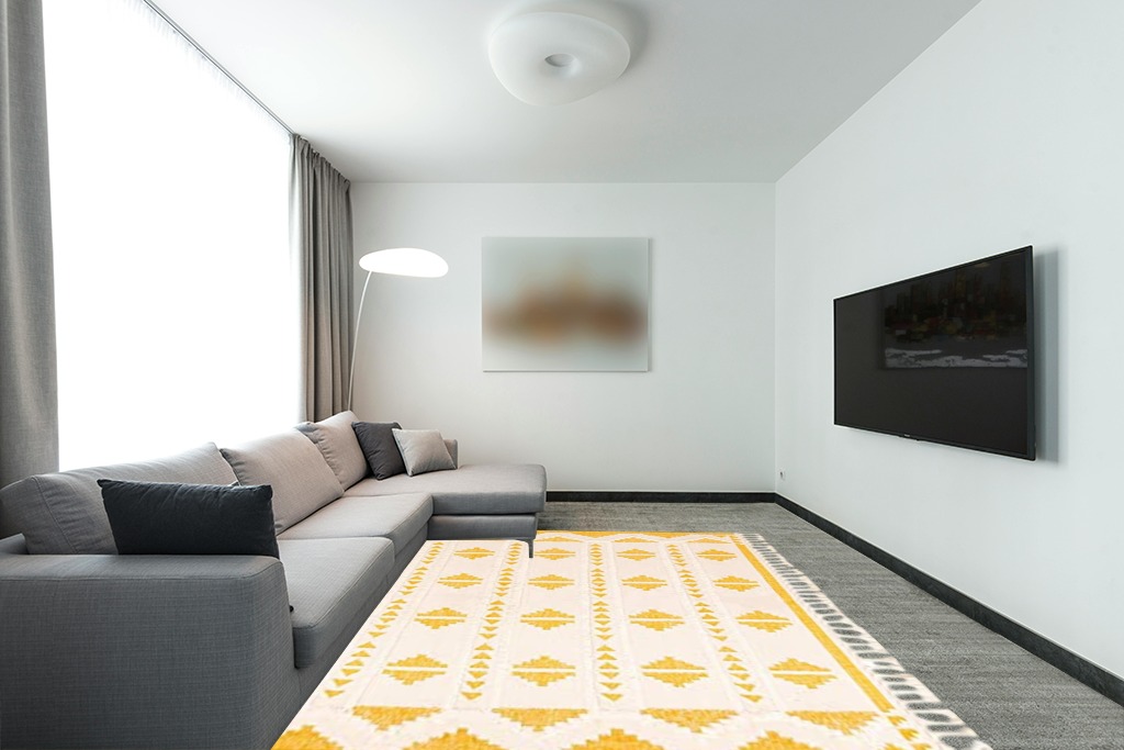 Rug over carpet ideas in Modern Living Room with Grey Couch