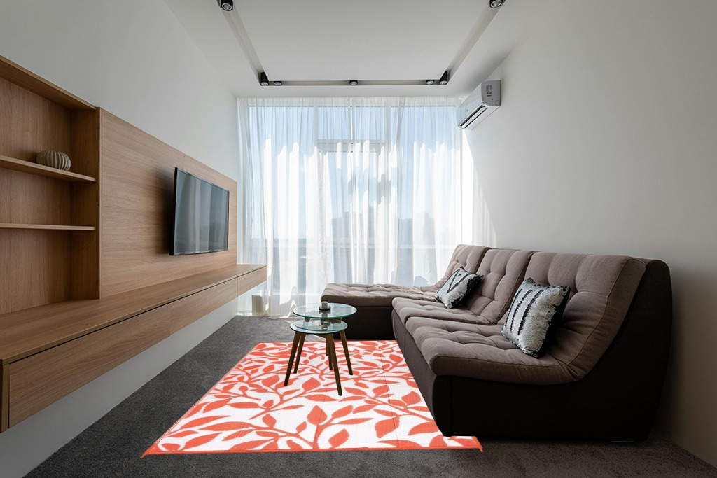 Outdoor Patio Rug Waterproof Camping - Outdoor Rugs Outdoor Carpet, Plastic Straw Area Rug for Patios Clearance RV, Outside Porch Rug Balcony Rug RV Rug Deck Rug for Camper, Orange 6x9 ft in Grey Living Room with Brown Couch