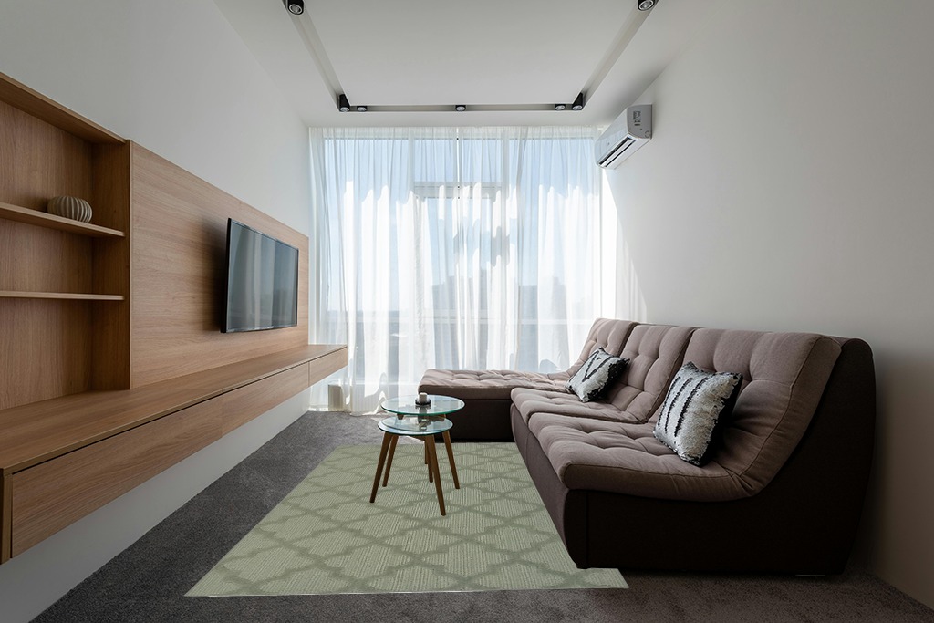 Rugs on grey carpet ideas in Grey Living Room with Brown Couch