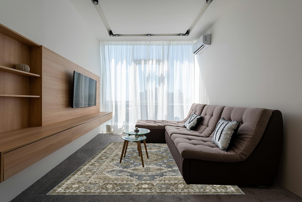 Rugs on grey carpet ideas in Grey Living Room with Brown Couch