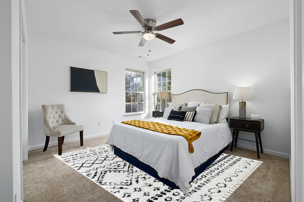 Grey room rug ideas in White and Yellow Modern Bedroom