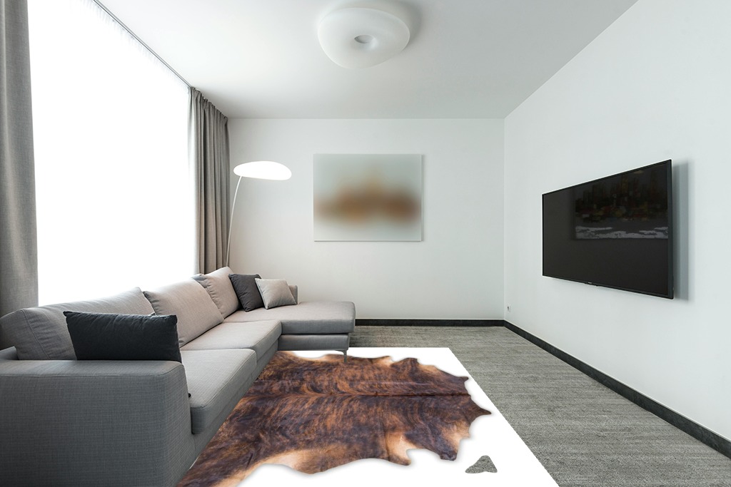 Cowhide rug decor ideas in Modern Living Room with Grey Couch