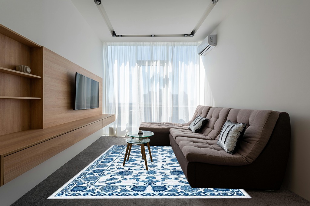 Unique Loom Boston Collection Area Rug - Floral (7' 10" x 10' Rectangle, White Blue/ Gray) in Grey Living Room with Brown Couch