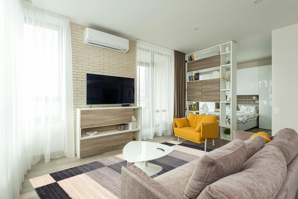 Cowhide rug decor ideas in Light Modern Living Room with TV