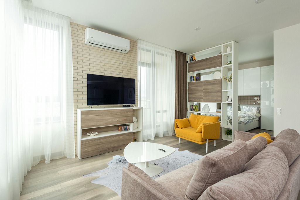Cowhide rug living room ideas in Light Modern Living Room with TV