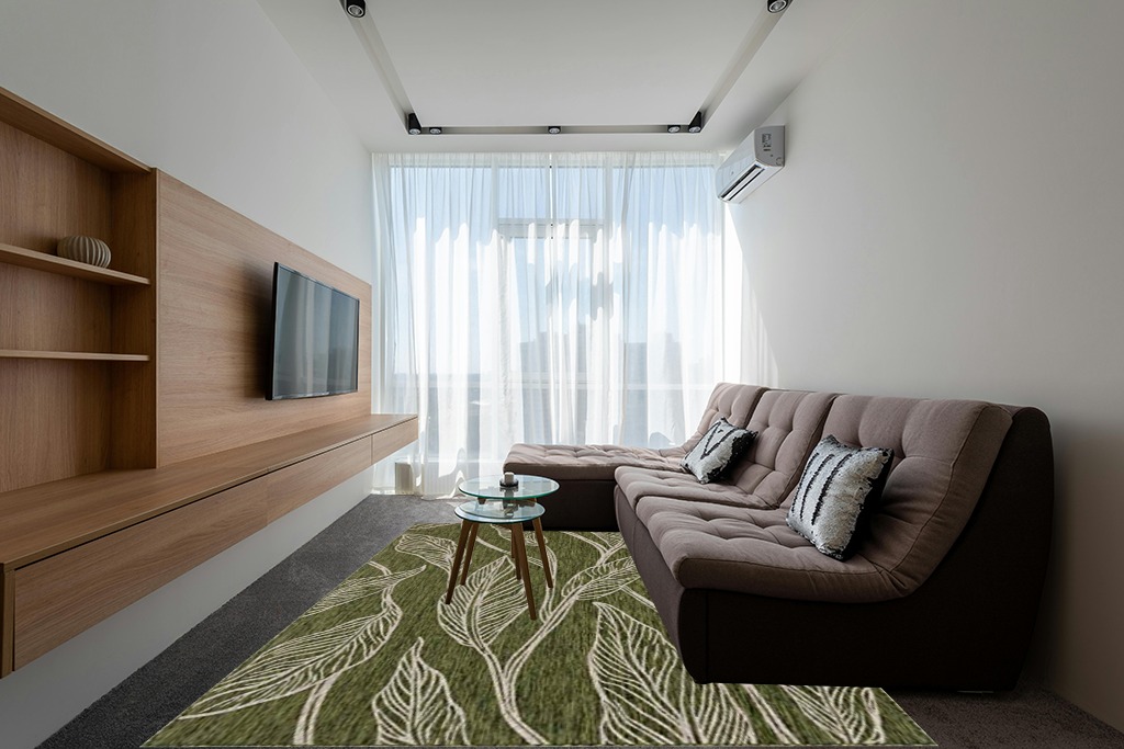 Unique Loom Outdoor Botanical Collection Area Rug - Leaf (7' 10" x 11' 4" Rectangle, Green/ Ivory) in Grey Living Room with Brown Couch