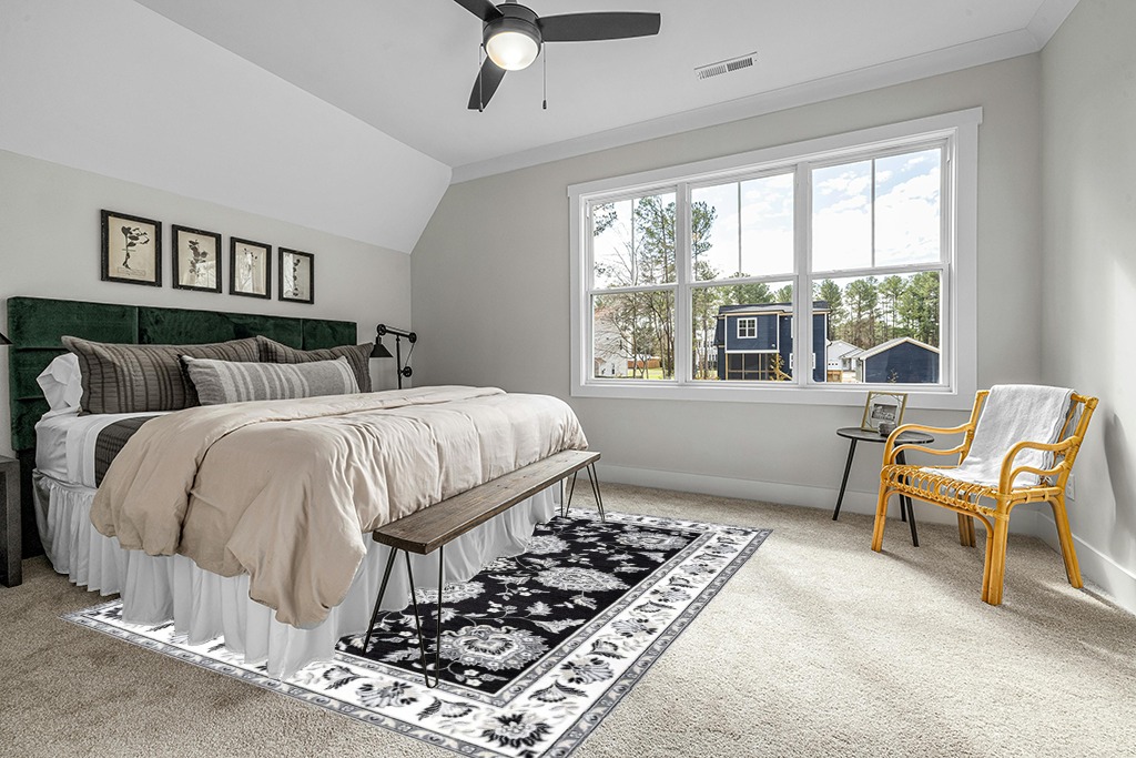 Grey room rug ideas in Grey Traditional Bedroom with King Bed