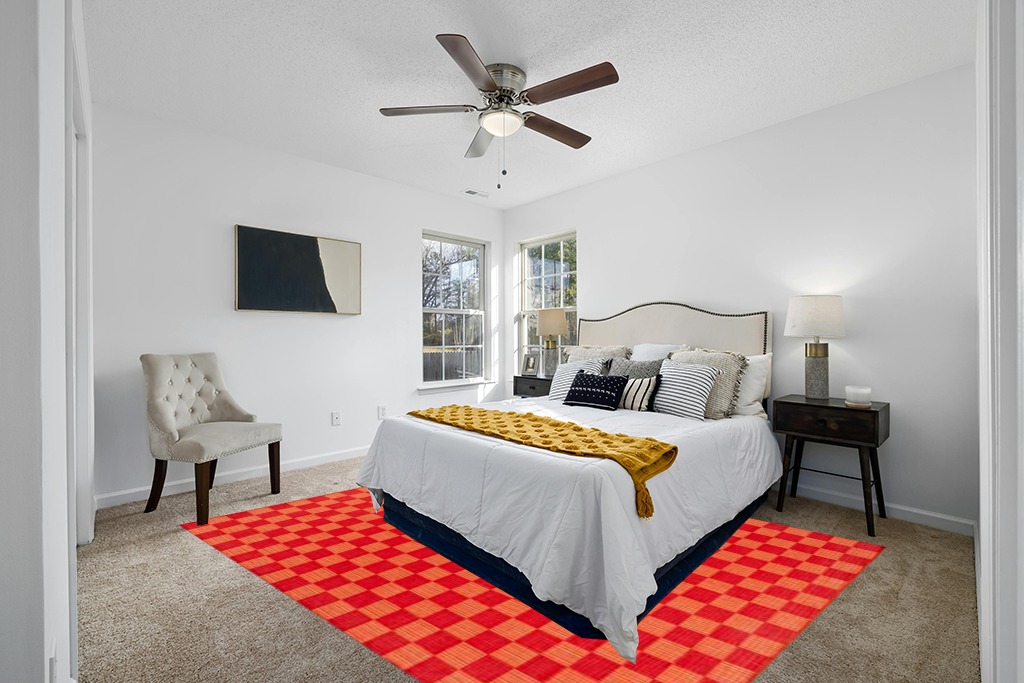 Rug over carpet ideas in White and Yellow Modern Bedroom