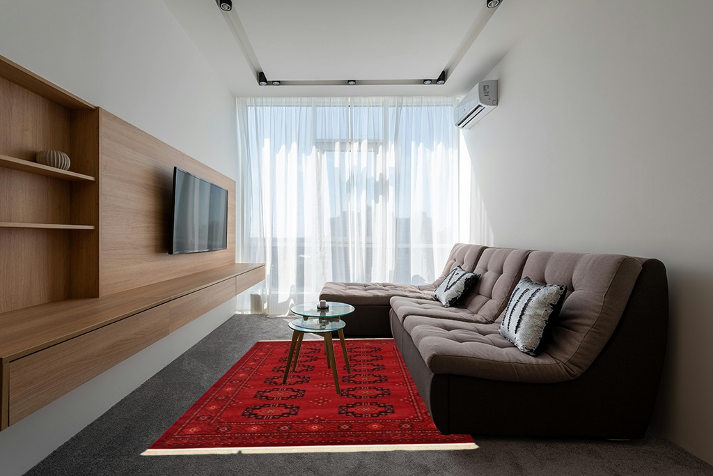 Unique Loom Tekke Collection Over-Dyed Saturated Traditional Torkaman Area Rug, 6 ft 0 in x 9 ft 0 in, Red/Black in Grey Living Room with Brown Couch