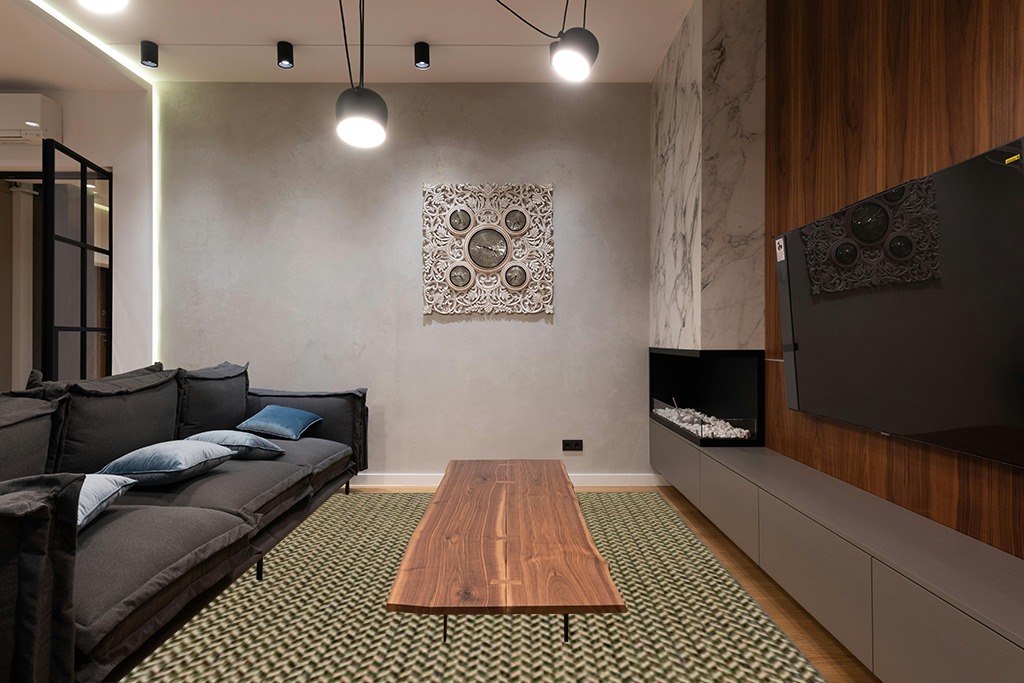 nuLOOM Camryn Herringbone Indoor/Outdoor Area Rug, 8x10, Green in Dark Wood Living Room with Black Couch