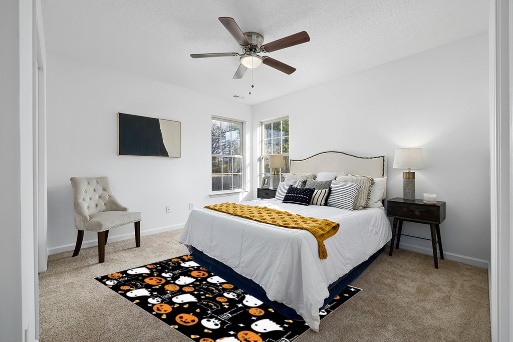Large Area Rug, Halloween Non-Slip Indoor Accent Area Carpet, Orange Pumpkin White Ghost Skeleton Black Fluffy Shaggy Runner Rug for Living Room, Bedroom, Kids Room, 5'x 7' in White and Yellow Modern Bedroom